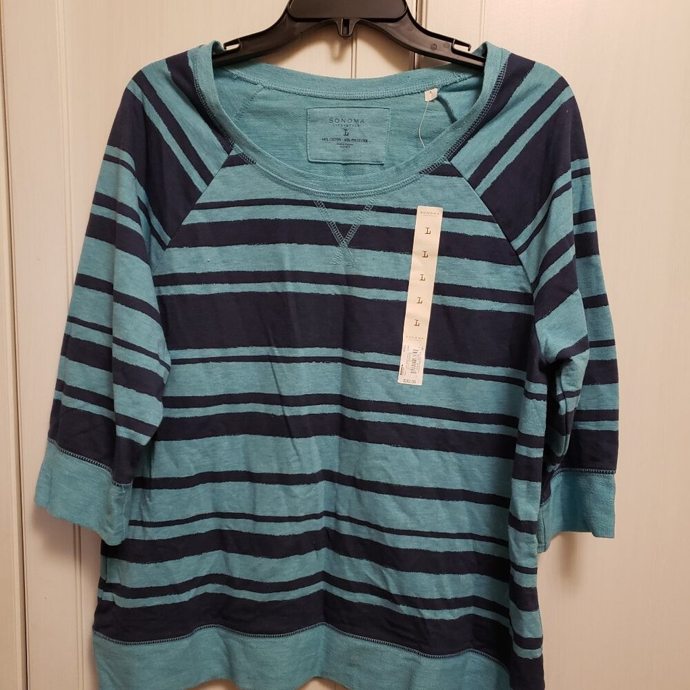 NWT L Half-Sleeve Navy & Teal Striped Shirt
